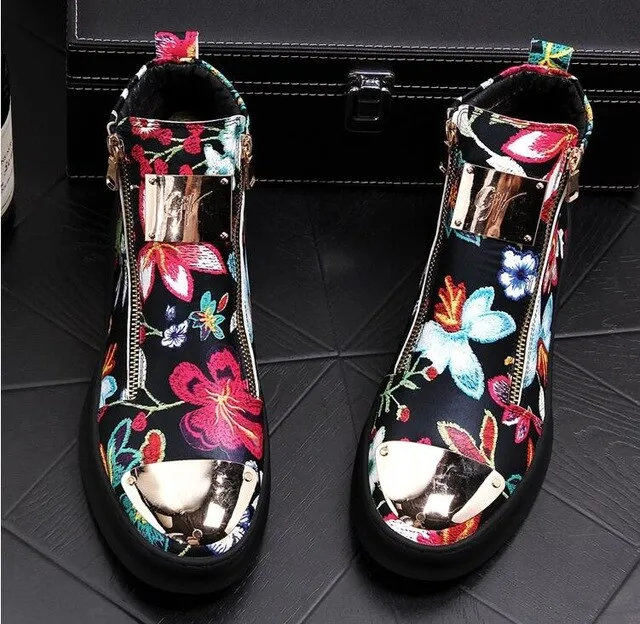 British Men Trendy flowers zipper Casual Flats high tops Shoes