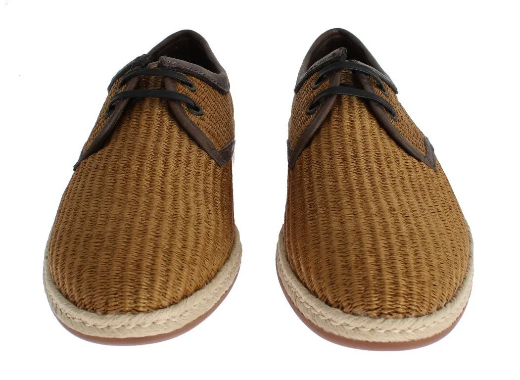 Brown Woven Raffia Leather Laceup Shoes