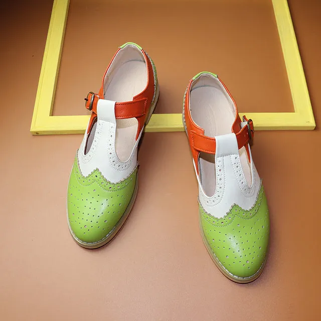 Women Oxford Brogues Shoes Genuine Leather Buckle